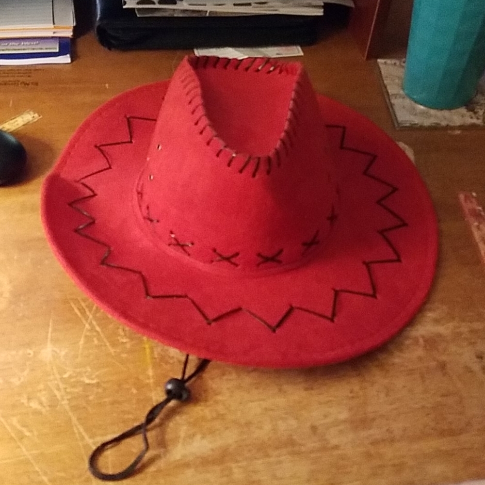 Red Faux Suede accented Black Pleather Hat
